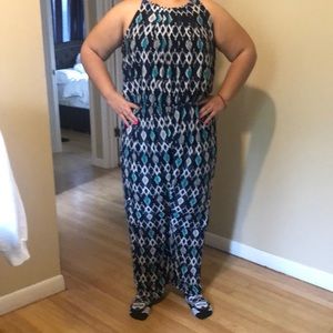 Stretchy 2x navy, turquoise and white jumpsuit